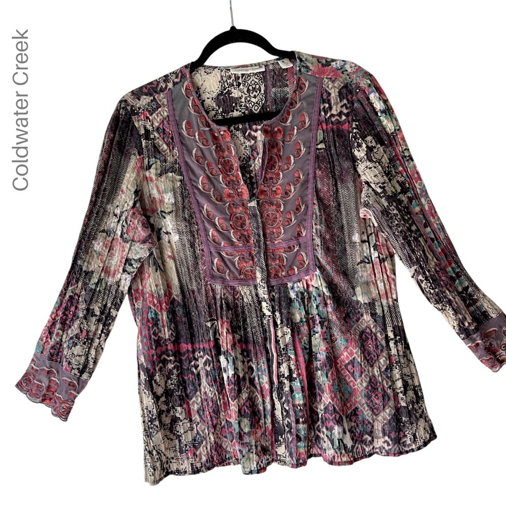 COLDWATER CREEK NWOT EMBROIDERED FLORAL BOHO TUNIC TOP PLEATED LACE LARGE PETITE